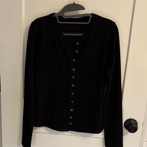 Black Ribbed Button-Front Long Sleeve Top
